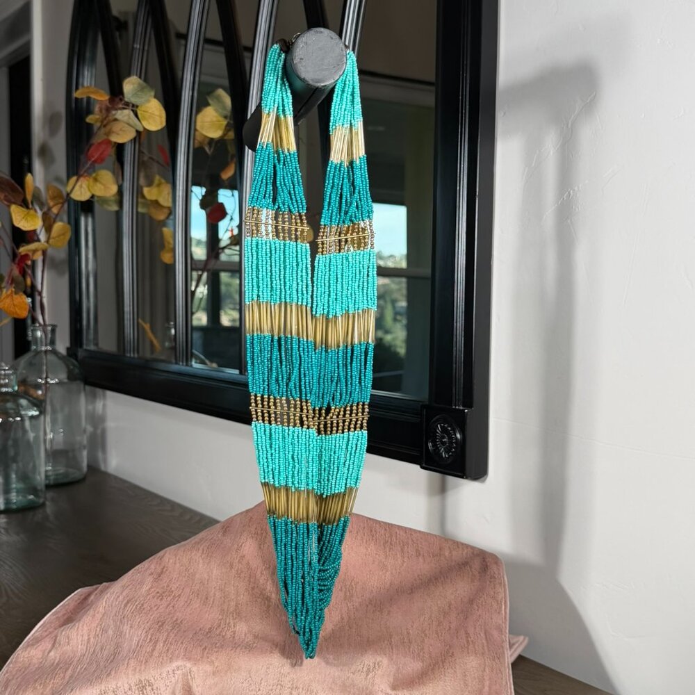 Charming Charlie Turquoise Gold Multi-Strand Statement Necklace — 32" Length